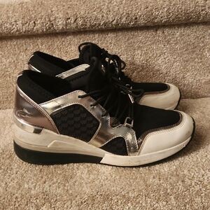 Michael Kors Women's "Liv" Black White & Silver Trainers w/ Inner Wedge Size 7.5